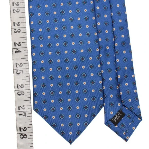 Drake's NWT Neck Tie in Blue with White & Orange Mini Floral Print 100% Silk